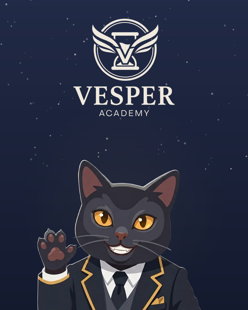 Vesper, la mascota de Vesper Academy, junto al logotipo de la academia